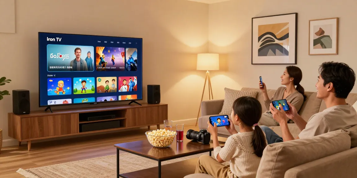 Family enjoying Iron TV streaming service in a modern living room.