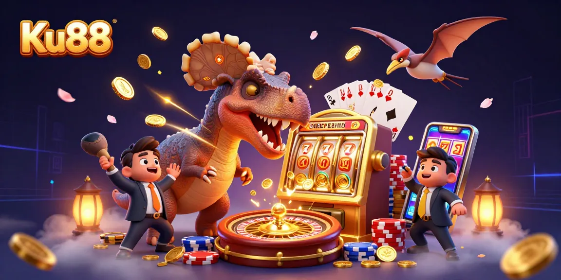 Ku88 celebrates a jackpot moment as a pachycephalosaurus hits a slot machine, capturing flying coins.