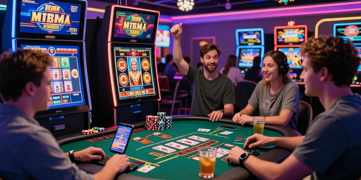 Scène animée de casino en ligne avec des joueurs profitant de jeux de casino, ambiance festive et lumière colorée, mettant en avant le casino en ligne.