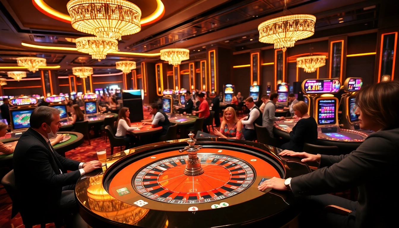 Joueurs passionnés sur une table de casino en ligne, avec des lumières vives et une ambiance dynamique.