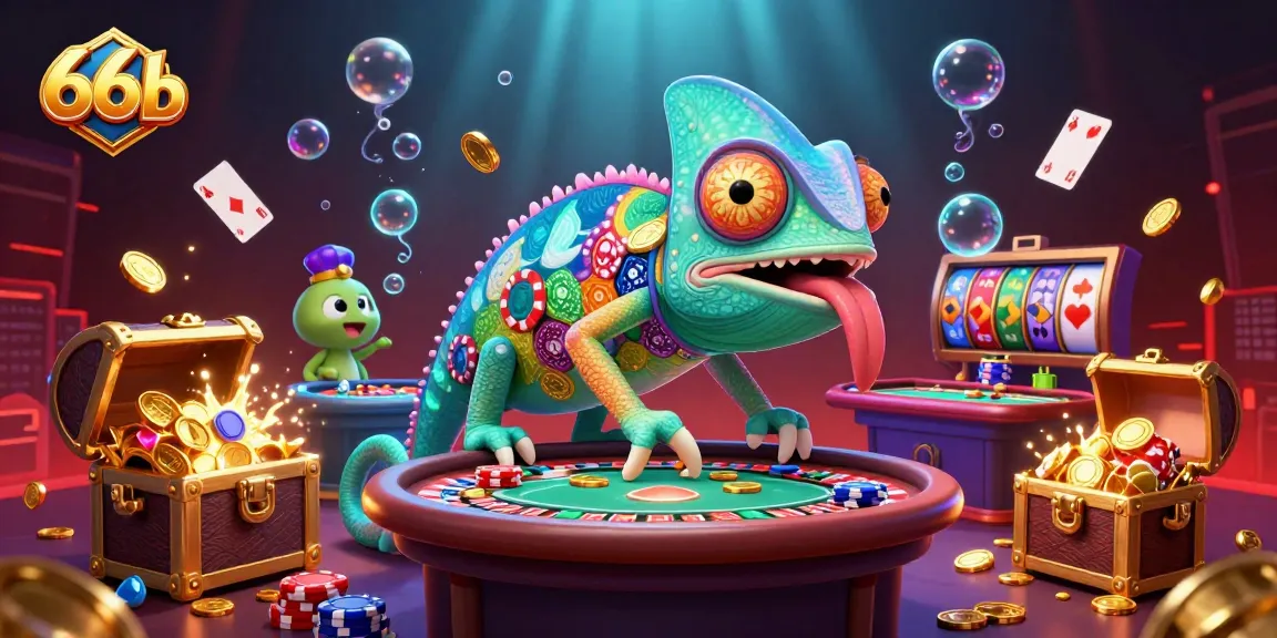 66b chameleon casino owner captures gold coins in a vibrant casino scene rich with game elements.