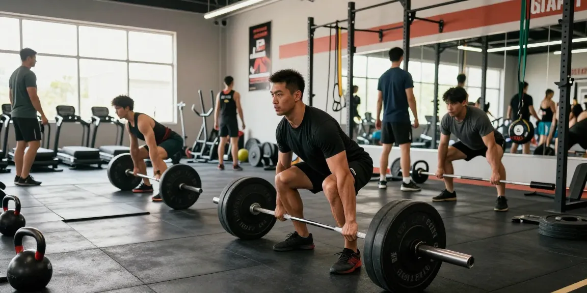Homme soulevant des poids à la Steroide Boutique, ambiance dynamique de gym avec équipements modernes.