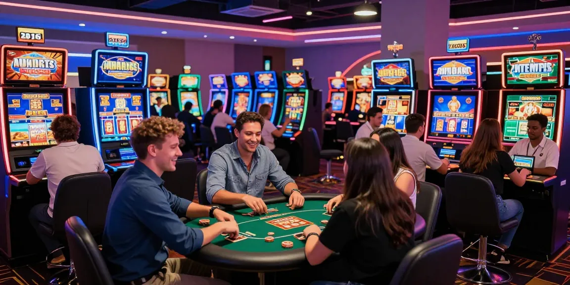 Expérience immersive de casino en ligne, joueurs heureux jouant à des machines à sous et à la roulette, ambiance dynamique et lumineuse.