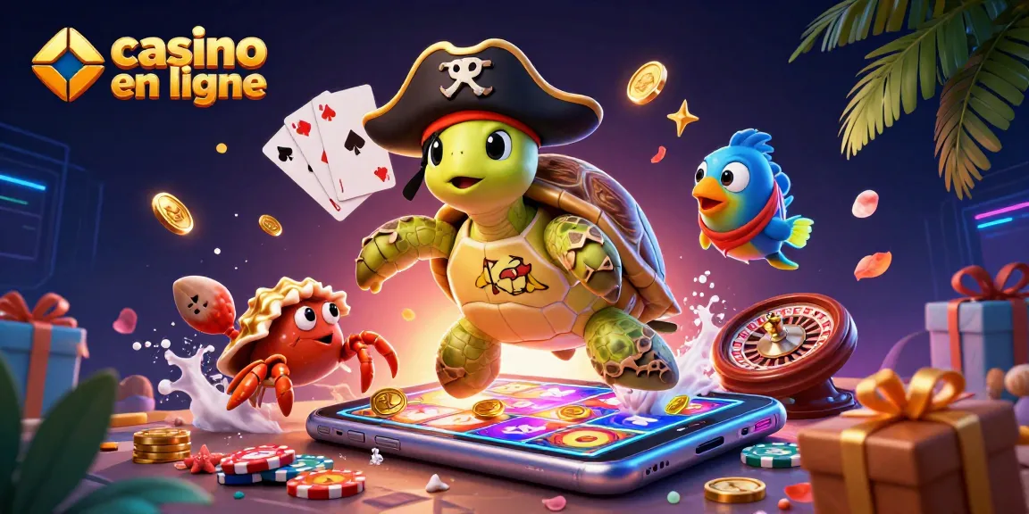 Illustration colorée de casino en ligne, mettant en scène une tortue pirate, un crabe et un poisson, avec des jeux de casino autour.