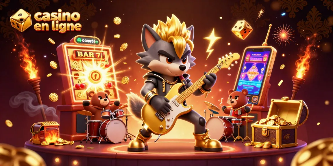 Immergez-vous dans un monde de casino en ligne avec un loup rock star jouant de la guitare sur scène, l'ambiance festive captivante !