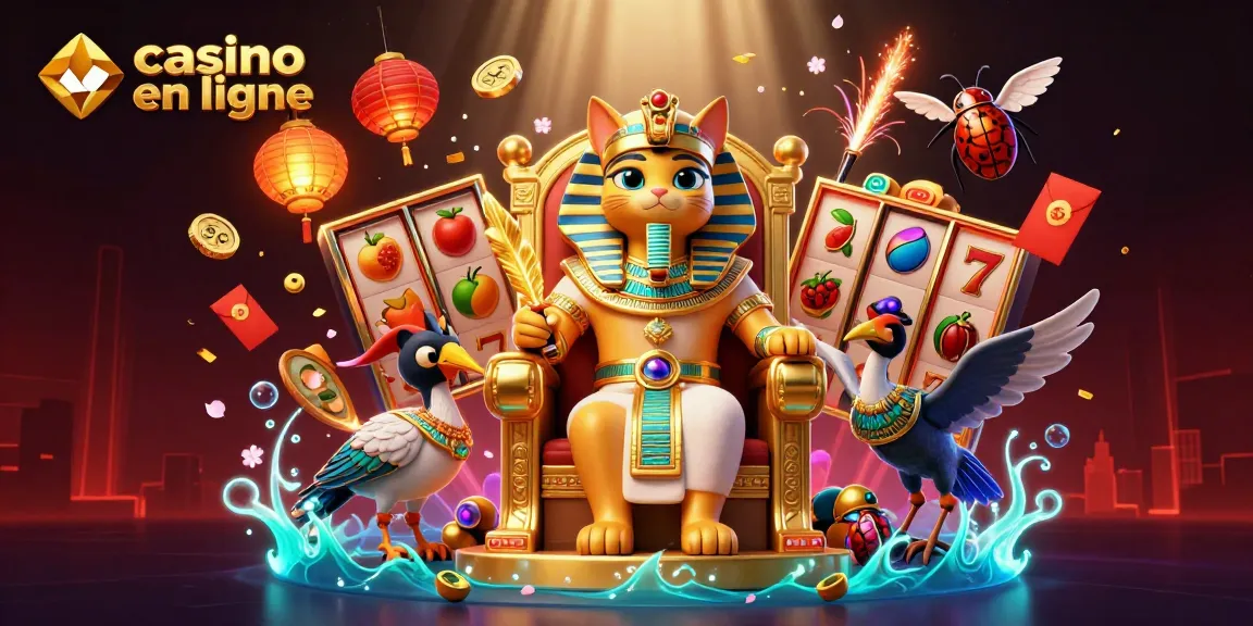 Jouez au casino en ligne avec cet illustratif représentant des éléments de jeux dynamiques entourés d'un chat égyptien.