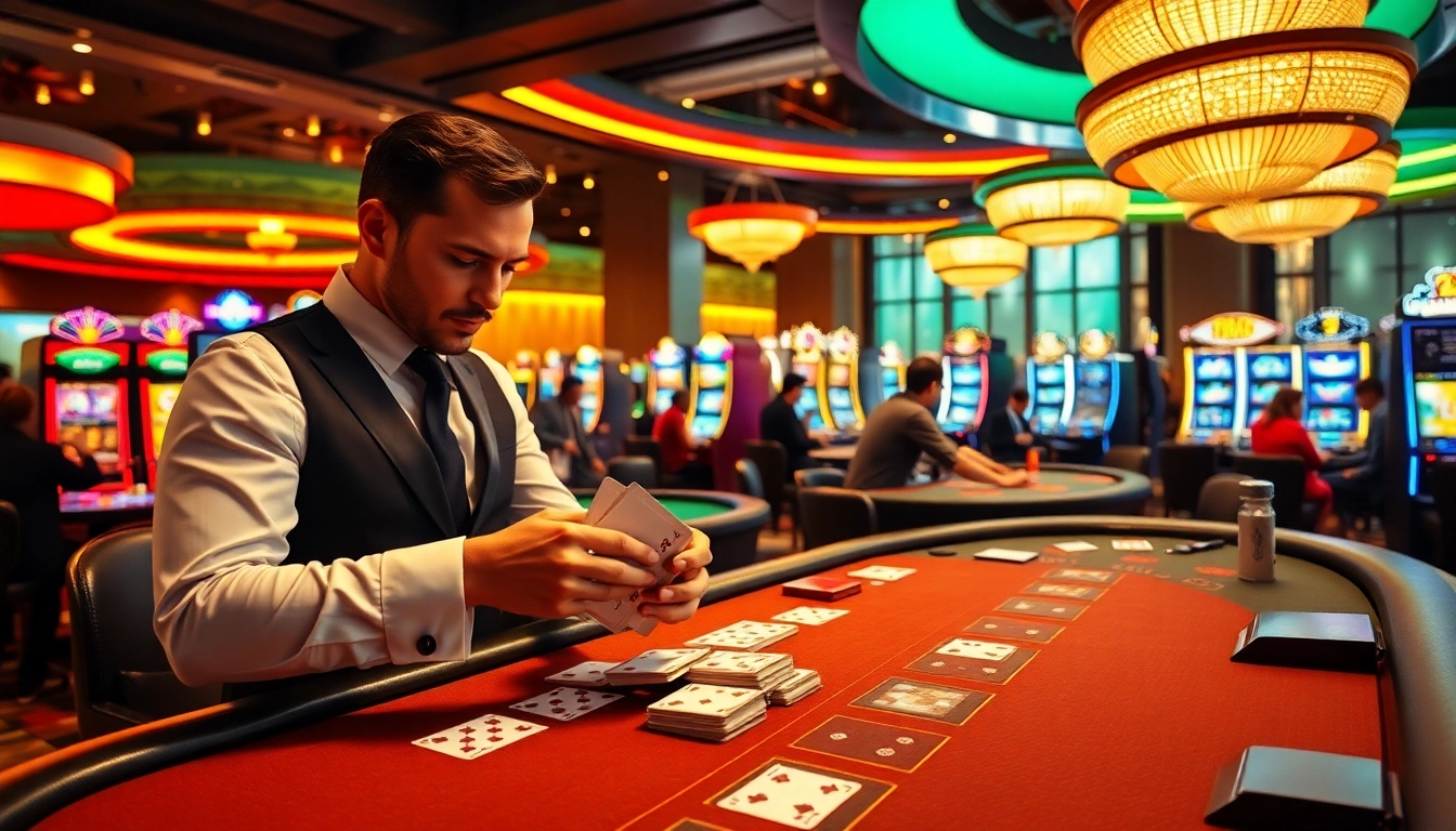 Convivialité des casinos en ligne avec un croupier et des jeux de cartes en arrière-plan
