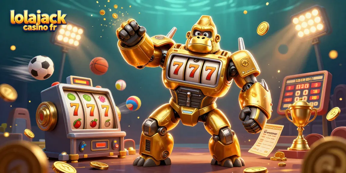 Play at lolajack casino fr with an exciting golden gorilla mech made of slot machine parts and dynamic gaming elements.