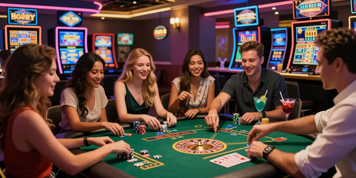 Scène de casino en ligne avec des amis jouant joyeusement à des jeux de casino, mettant en avant l'ambiance excitante des jeux de casino en ligne.