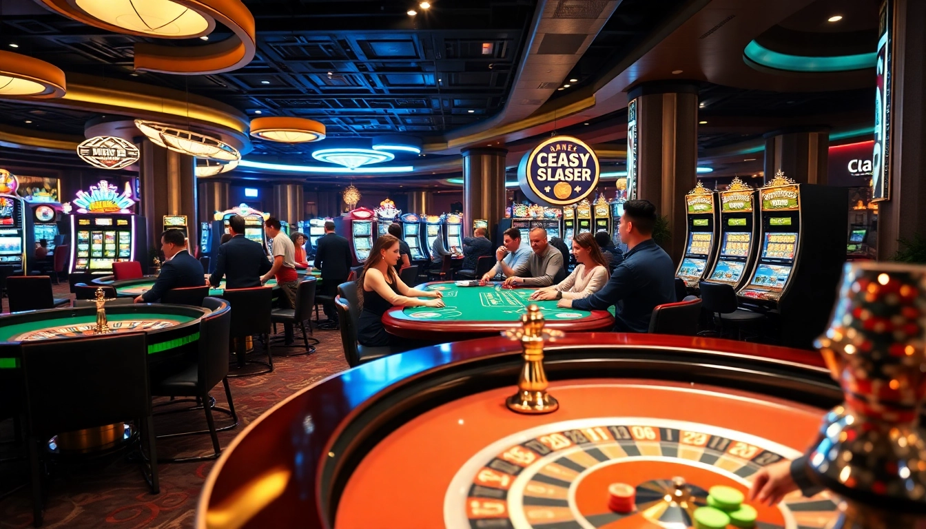 Vibrant casino en ligne scene featuring players at roulette and poker tables.