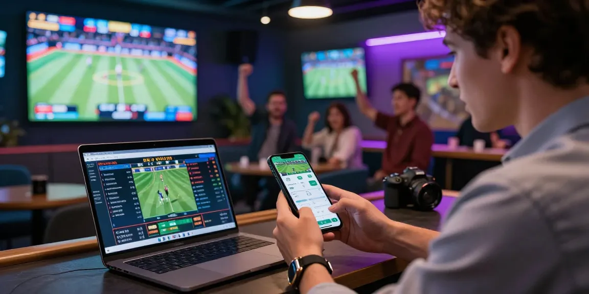 Scène dynamique de paris montrant un parieur utilisant un bookmaker sans limite de mise sur son smartphone dans un environnement de salon moderne.