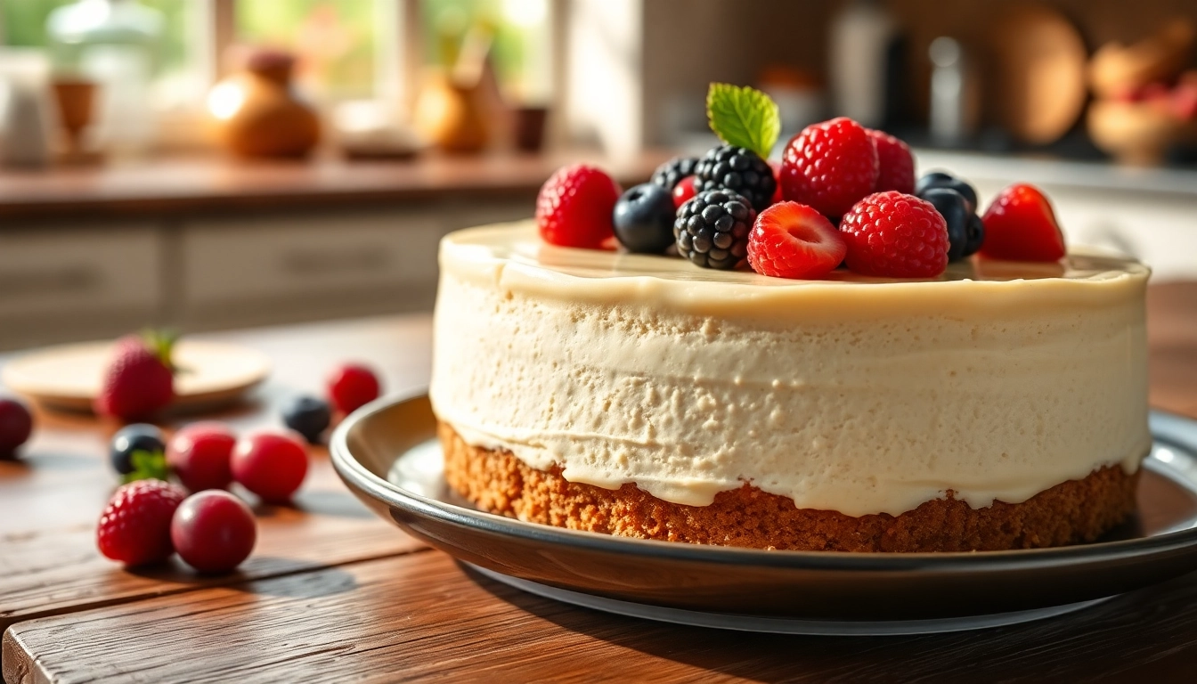 Dégustez un cheesecake crémeux décoré de baies fraîches et savoureuses.