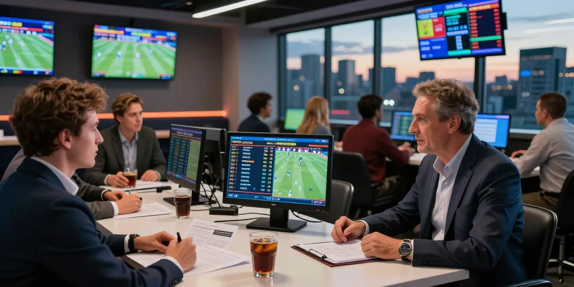 Ambiance animée d'un bookmaker sans limite de mise, avec des parieurs analysant des événements sportifs.
