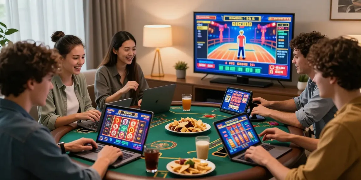 Joueurs profitant du meilleur casino en ligne France dans un cadre convivial avec des jeux de table et de machine à sous.