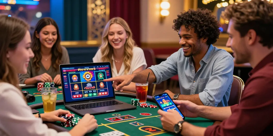 Groupe d'amis jouant au casino en ligne, écran lumineux affichant des jeux variés, ambiance de jeux excitante.