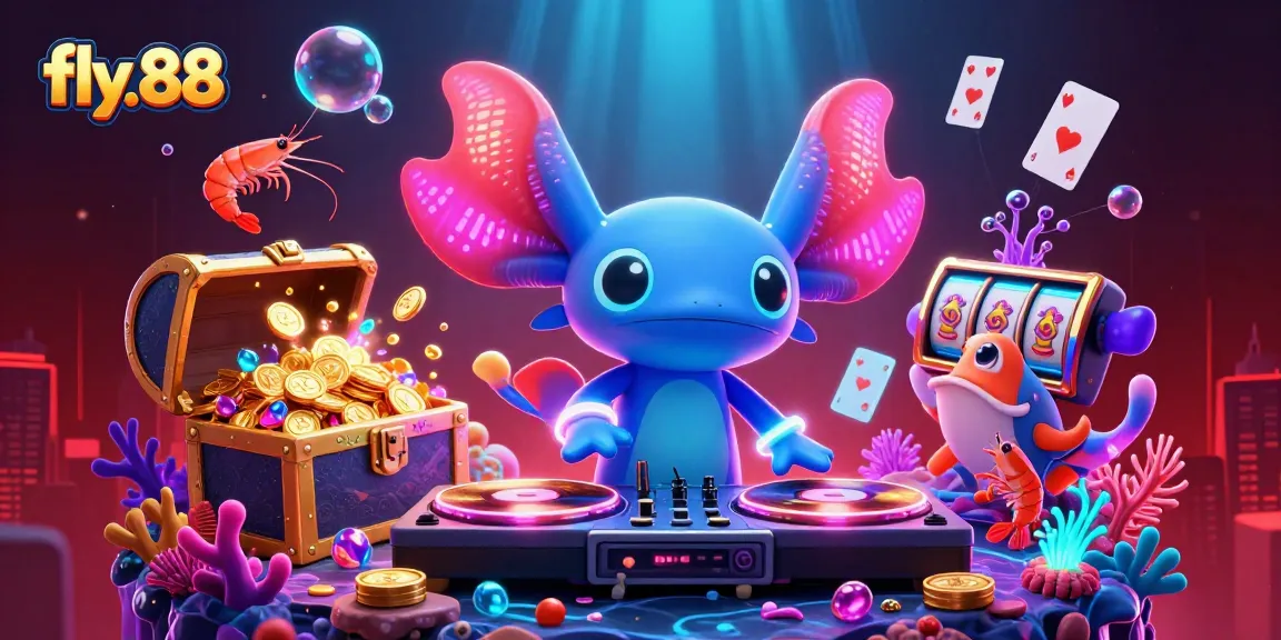 Engage with fly.88 in this vibrant underwater casino scene showcasing exciting slot elements and animated characters.