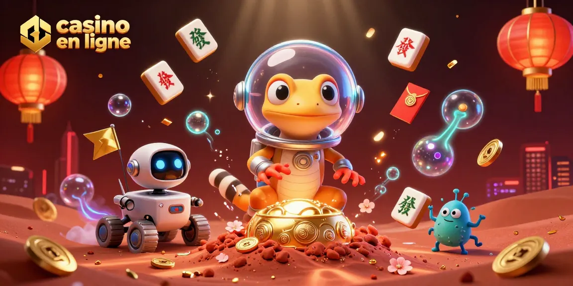 Immergez-vous dans l'univers du casino en ligne avec un gecko martien découvrant un casino caché sur Mars, entouré de symboles du jeu.