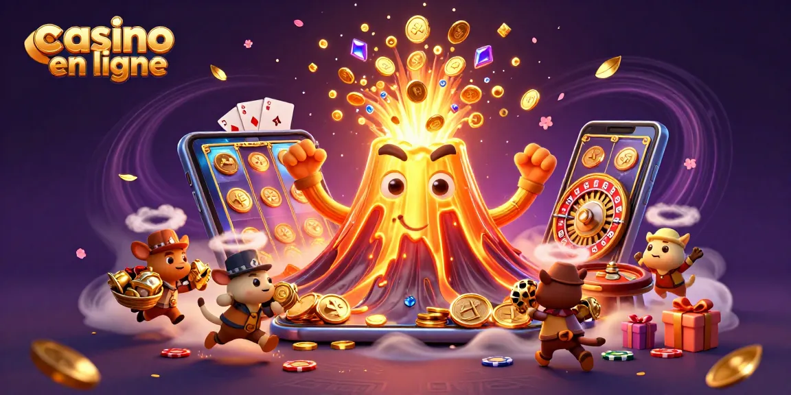 Jouer sur un casino en ligne avec le volcan doré émettant des pièces et trésors, ambiance festive.