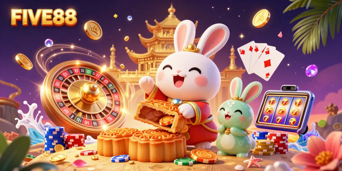 Experience exciting gameplay with FIVE88 featuring a moon rabbit and poker chips in a vibrant casino scene.