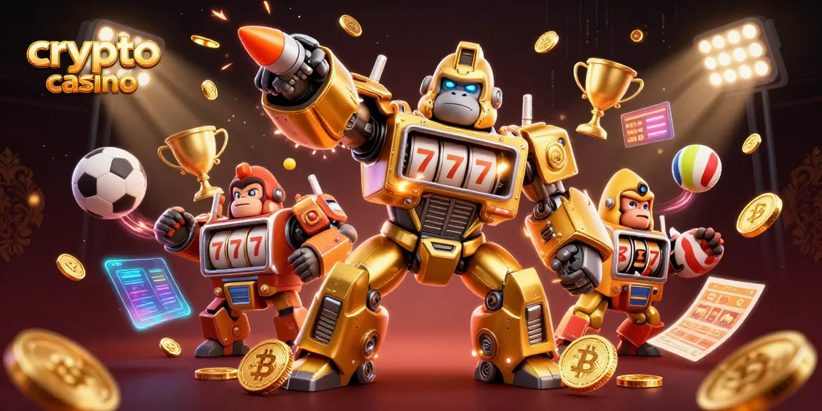 Casino crypto avec un gorille mech doré et des éléments de sport animés, frappe des pièces d'or.
