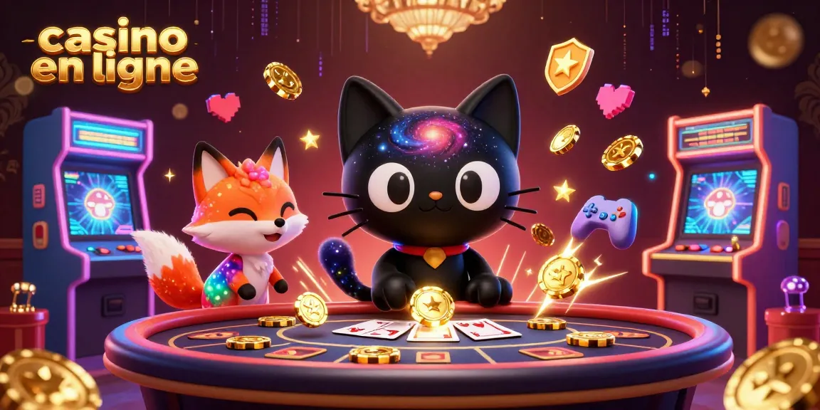 Jeu amusant sur casino en ligne avec un chat noir trou noir attirant les jetons dorés.