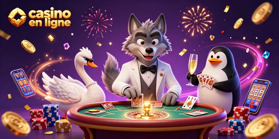 Gagnez au casino en ligne avec un loup élégant et un cygne distribuant des cartes dans un décor animé.