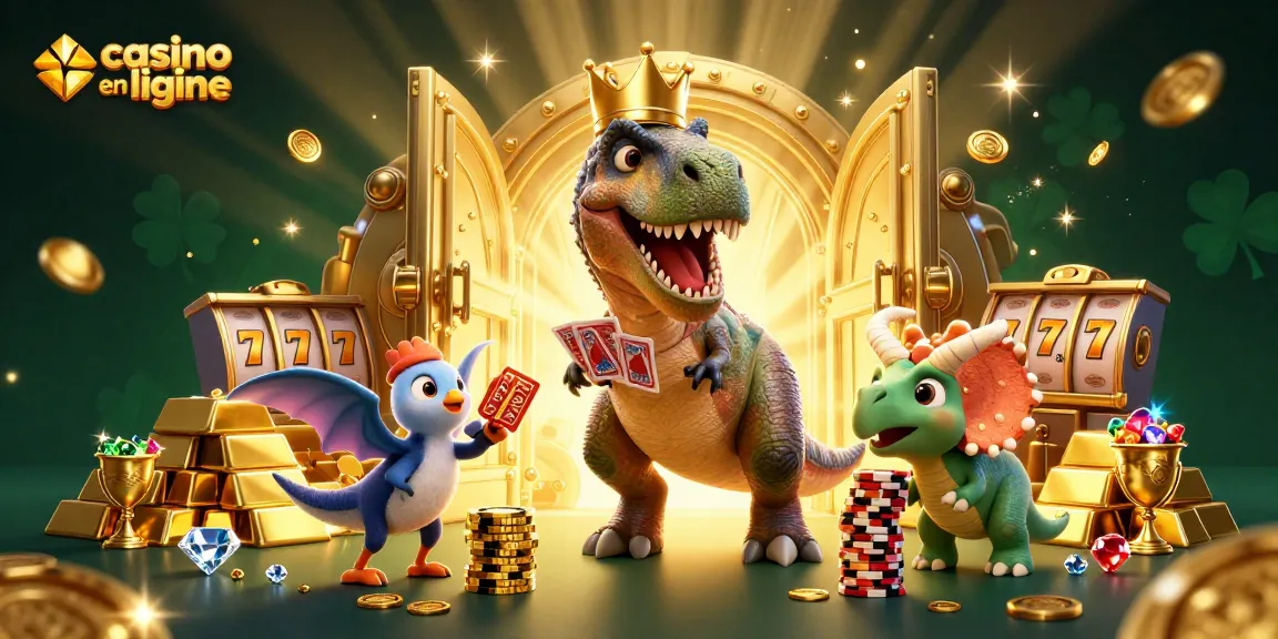 Découvrez une illustration 3D dynamique sur le thème casino en ligne avec un T-Rex jouant aux cartes.