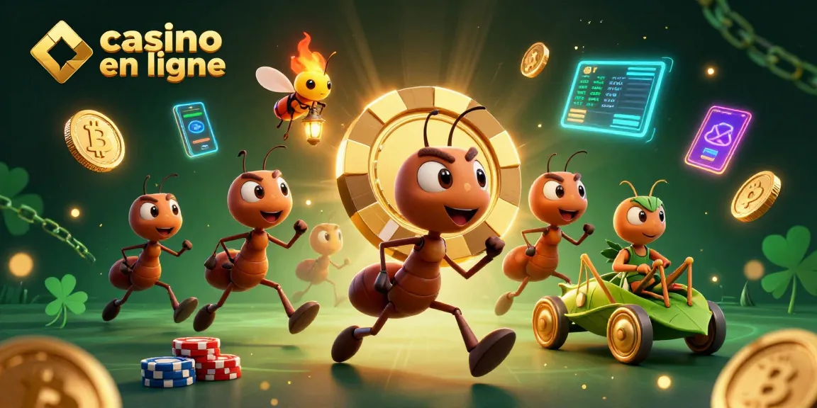 Illustration d'un casino en ligne avec une équipe de fourmis transportant une puce de poker dorée.