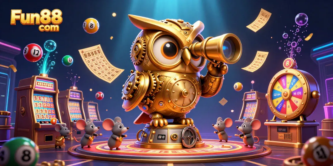 Engage in the thrill of Fun88 com with a vibrant casino scene featuring a golden owl and playful elements.