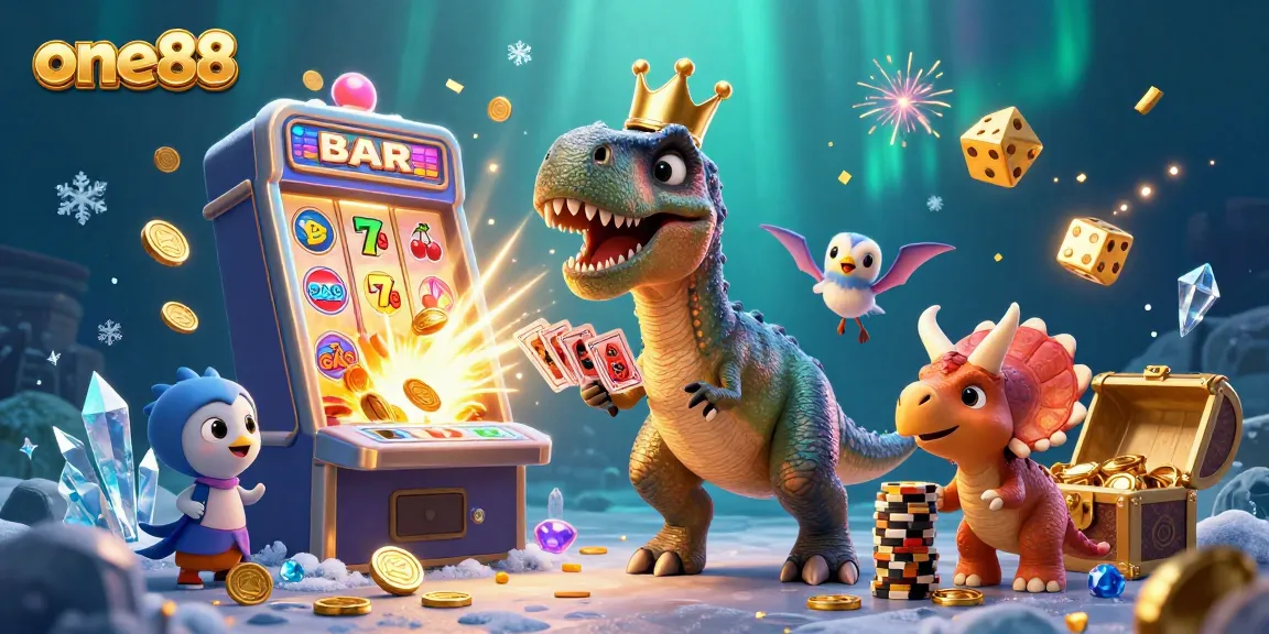 One88 showcases a friendly T-Rex shuffle cards in a vibrant casino scene with dynamic jackpot elements.