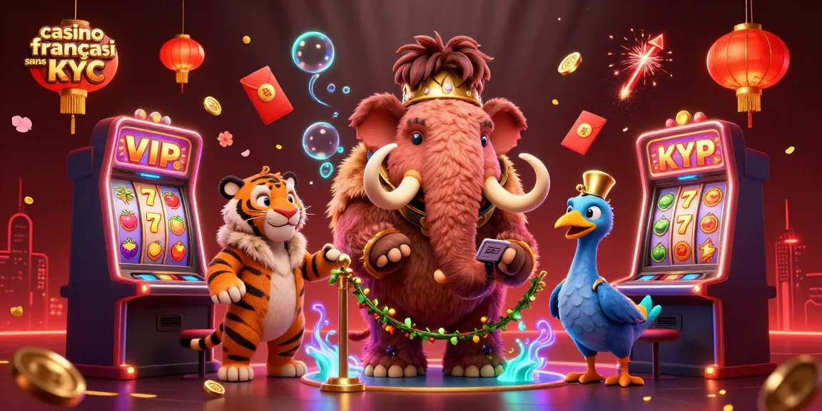 Les effets lumineux du casino français sans KYC illuminent une scène animée avec un bouncer mammouth et d'autres personnages.
