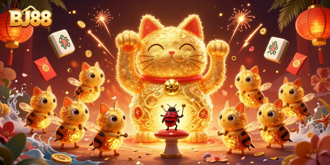 Engage in the vibrant atmosphere of BJ88 with a lucky cat depicted in a colorful 3D illustration.