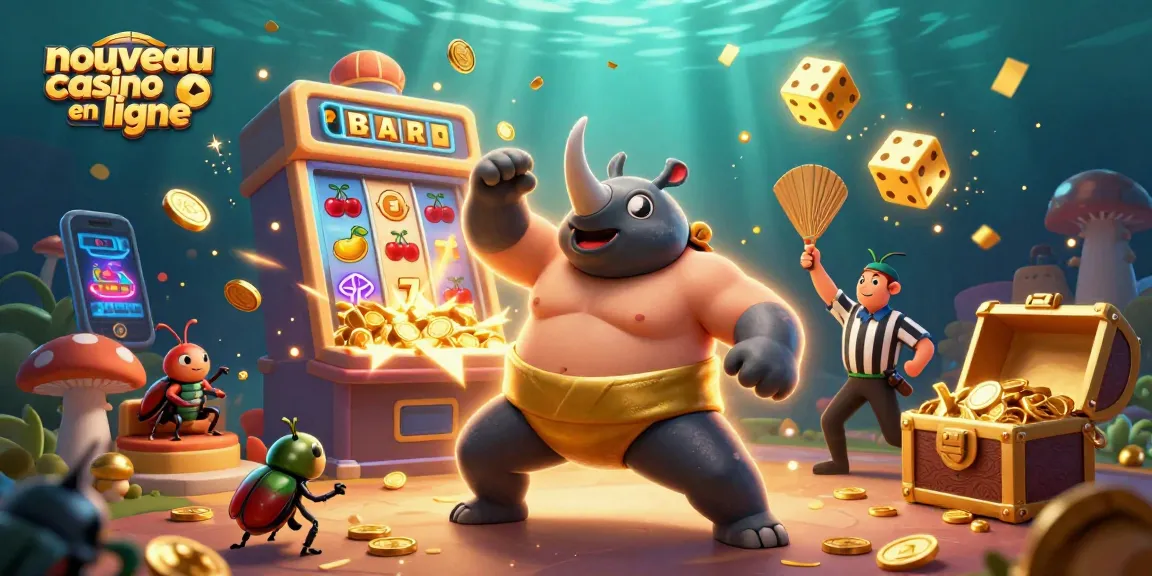 Découvrez un nouveau casino en ligne avec notre illustration dynamique mettant en scène un champion sumo et des éléments de jeu.