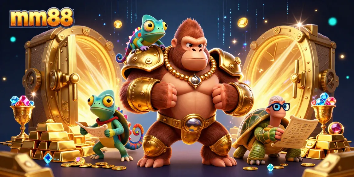 Experience thrilling gameplay at mm88 with the powerful gorilla king and treasure-filled scene.