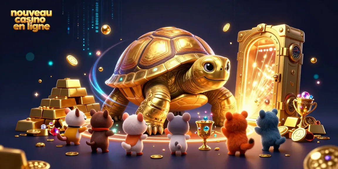 Découvrez notre illustration d'un nouveau casino en ligne, où la tortue dorée attire les joueurs avec des jackpots et des trésors.