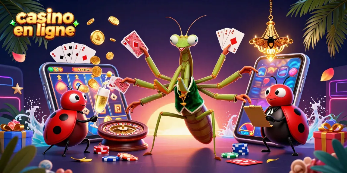 Illustration animée représentant un casino en ligne avec une mante religieuse et une coccinelle, entourés de jeux et de jetons.