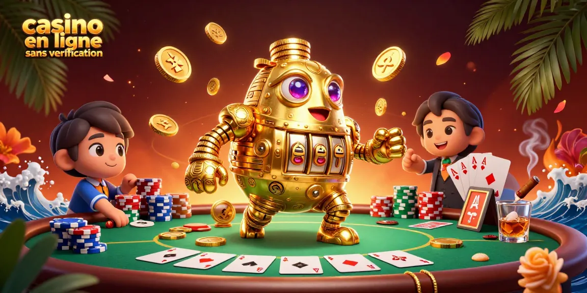 Découvrez le casino en ligne sans vérification avec un golem en or et des éléments de poker vibrants.