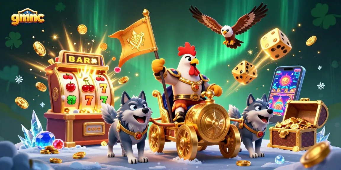 Experience gmnc winning thrills in a vibrant casino scene featuring a rooster warlord and dynamic slot machine elements.