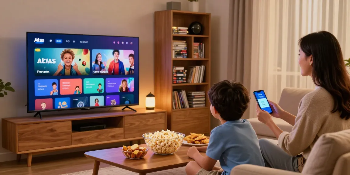 Une famille profitant de l'abonnement Atlas pro ontv sur leur télévision 4K, avec une atmosphère chaleureuse.