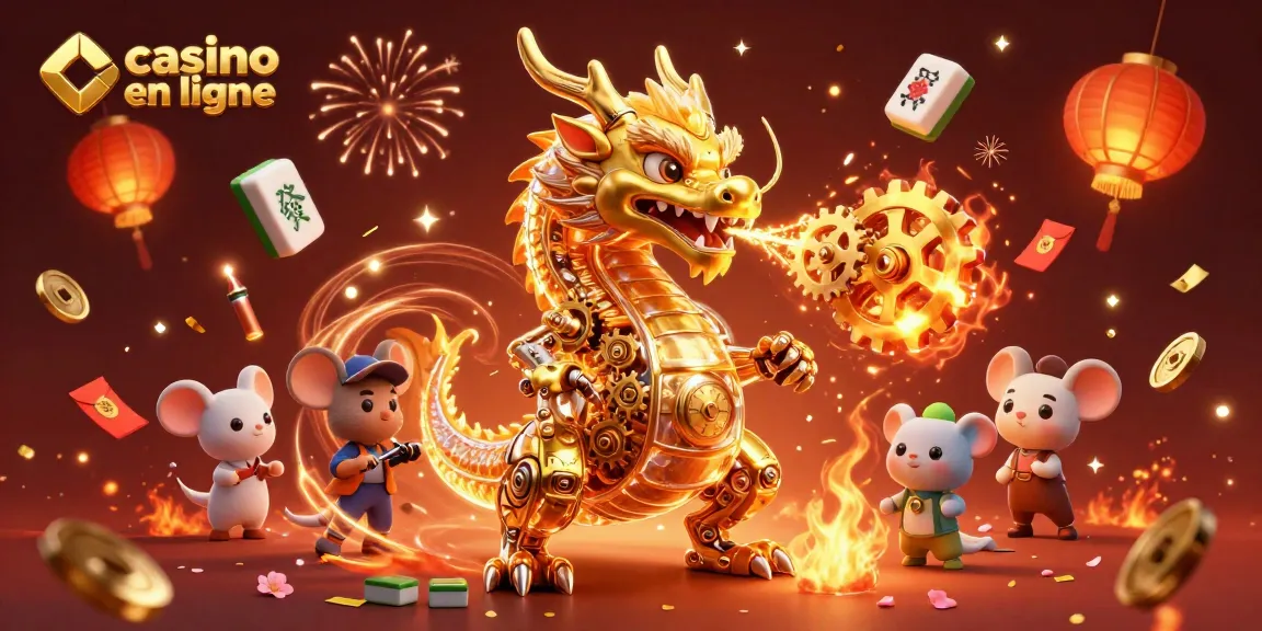 Découvrez les opportunités de gains au casino en ligne avec un dragon doré et des éléments de fête.