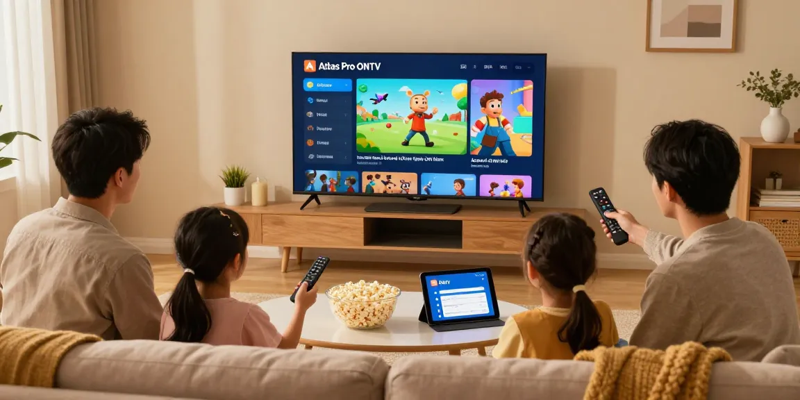 Famille profitant de l'application atlas pro ontv dans un salon moderne avec un grand écran.