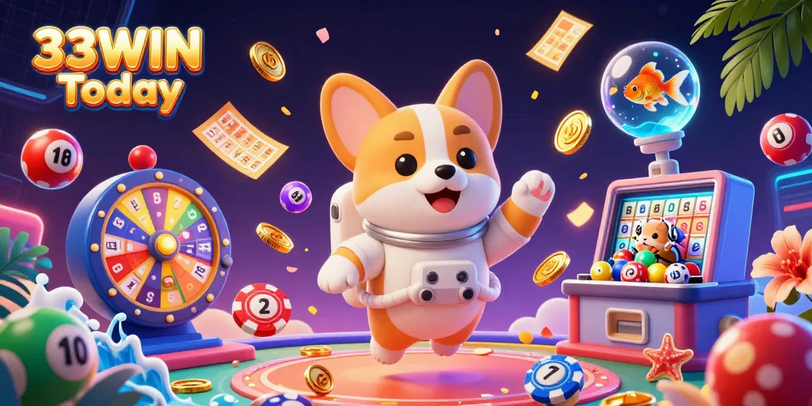Engage with the excitement of gameplay at 33WIN Today, showcasing a vibrant casino space scene complete with floating poker chips, lottery balls, and playful characters.
