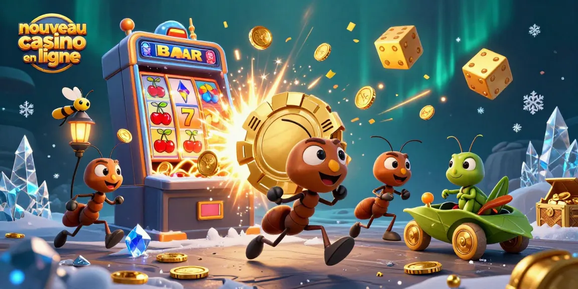 Illustration représentant le nouveau casino en ligne avec des fourmis transportant un jeton de poker doré et des machines à sous en explosion.