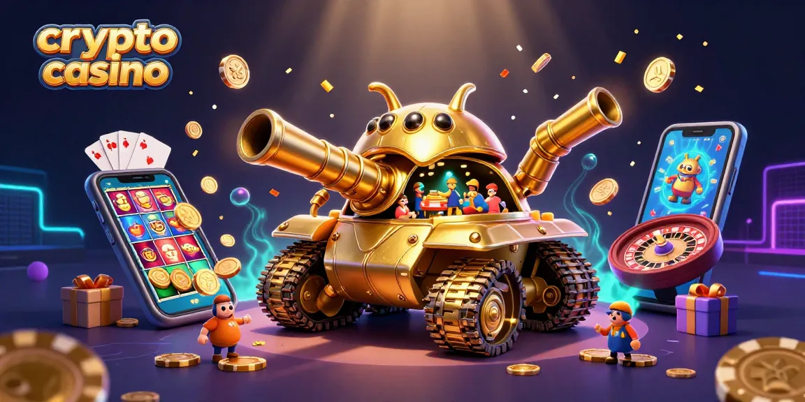Des joueurs découvrent un crypto casino dans un tank doré ludique, gagnant des pièces et gains.