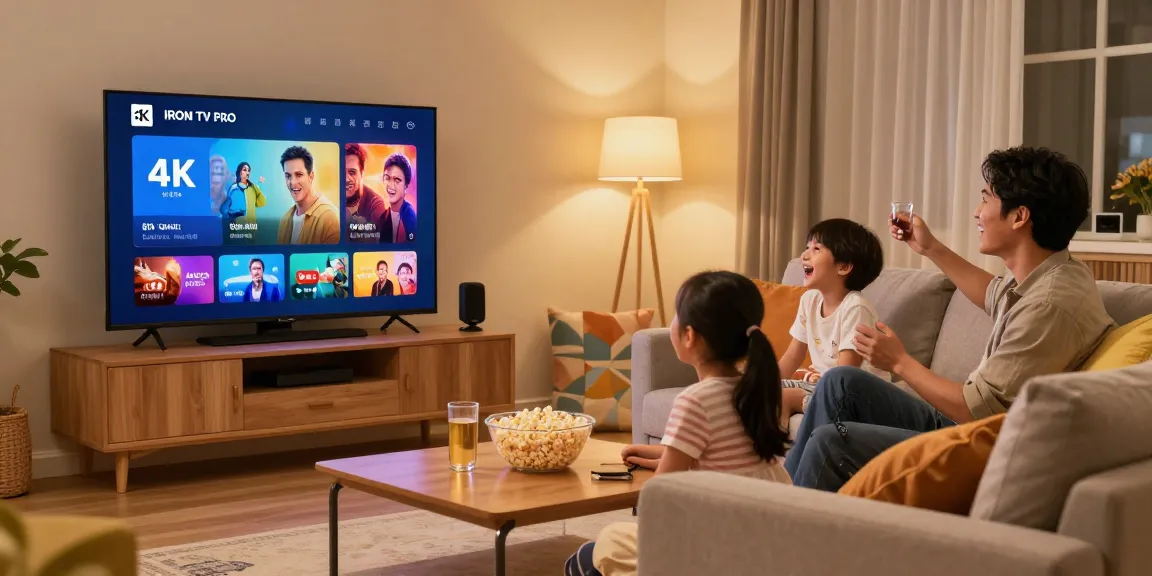 Famille profitant d'Iron tv pro avec du contenu 4K dans leur salon.