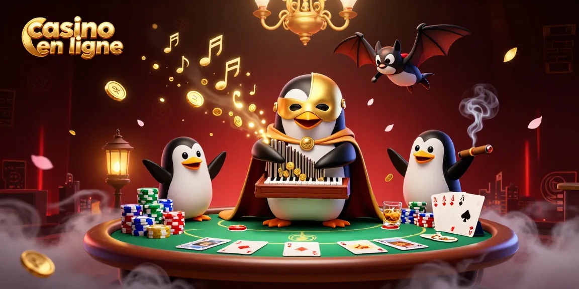 Jouez au casino en ligne avec ce pingouin fantôme jouant un orgue doré, des jetons de poker colorés autour.