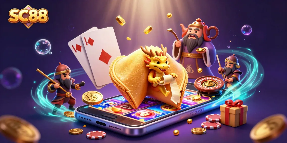 Experience the SC88 dynamic gambling scene with golden dragon, fortune cookie, and vibrant game elements.