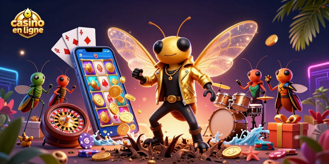 Vivez l'excitation du casino en ligne avec une scène captivante mettant en avant une rock star, un batteur et des jeux animés.