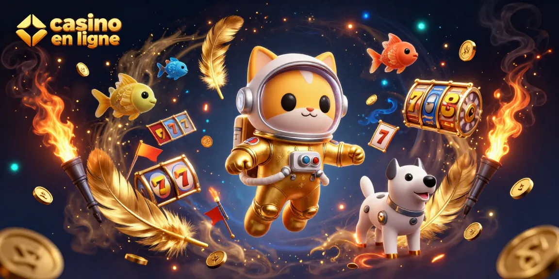 Les jeux de casino en ligne prennent vie avec un chat astronaute dans un univers spatial, mêlant ambiance ludique et éléments lumineux.
