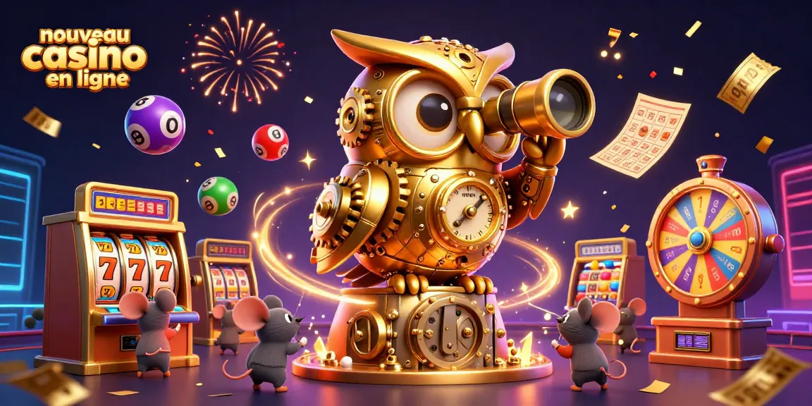 Animation dynamique d'un nouveau casino en ligne avec un hibou doré et des souris parmi les machines à sous.